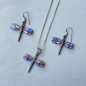Sterling Silver Dragonfly Necklace Earrings Set MOP Inlay 20”